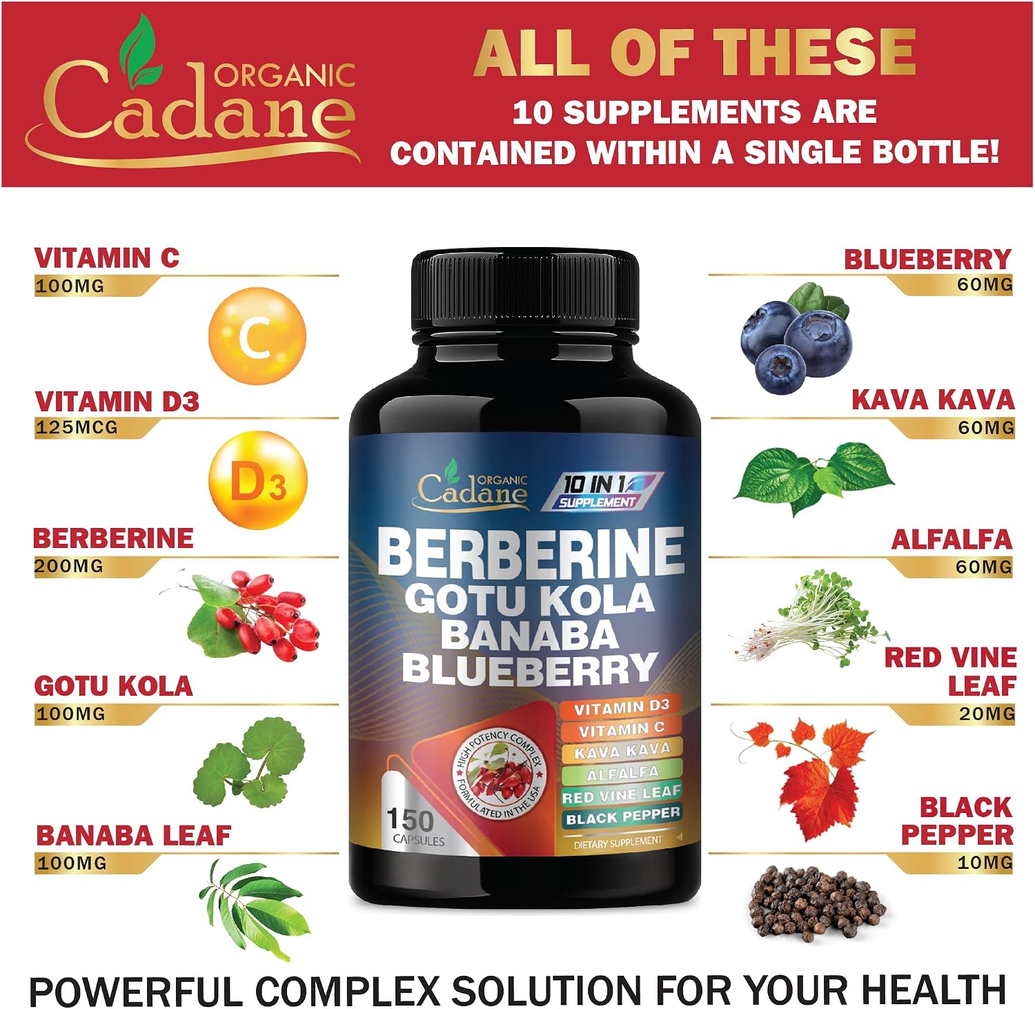 Cadane Berberina Premium 10 en 1 con Gotu Kola y Hoja de Banaba - 150 Cápsulas