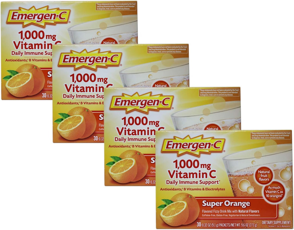 Emergen-C Vitamin C Flavored Fizzy Drink Mix Packets, Super Orange 30 ea ( Pack of 4)