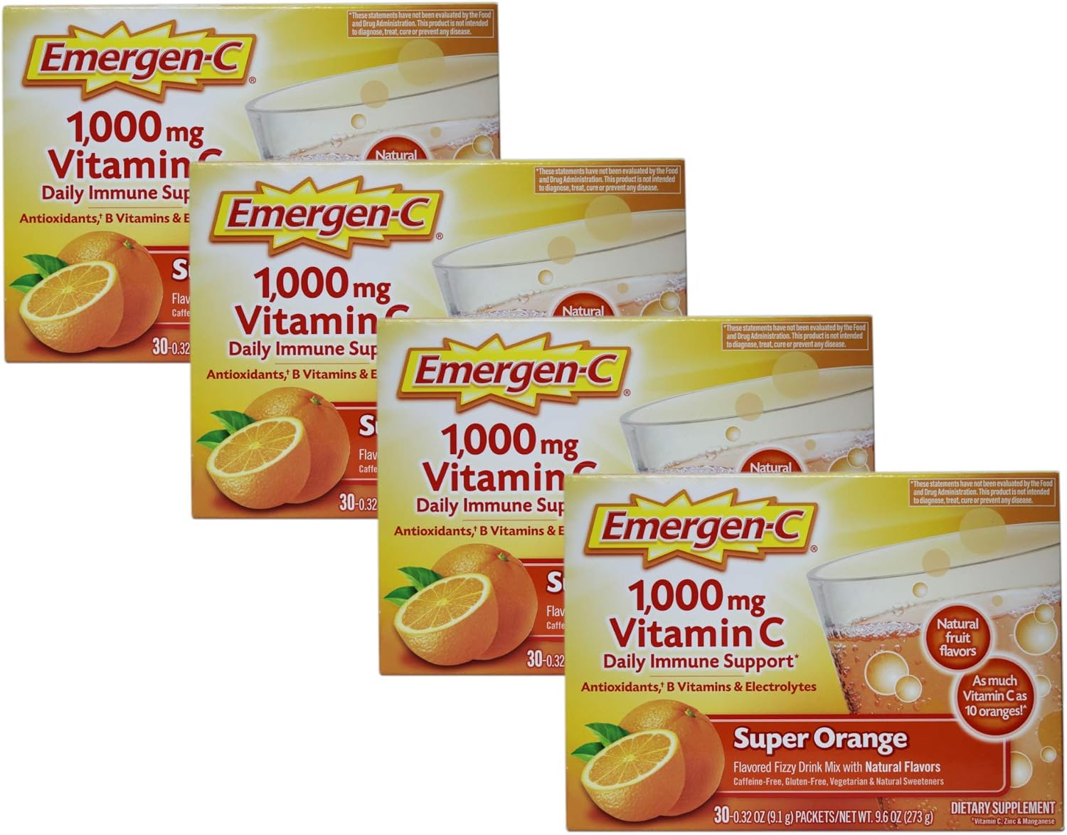 Emergen-C Vitamin C Flavored Fizzy Drink Mix Packets, Super Orange 30 ea ( Pack of 4)