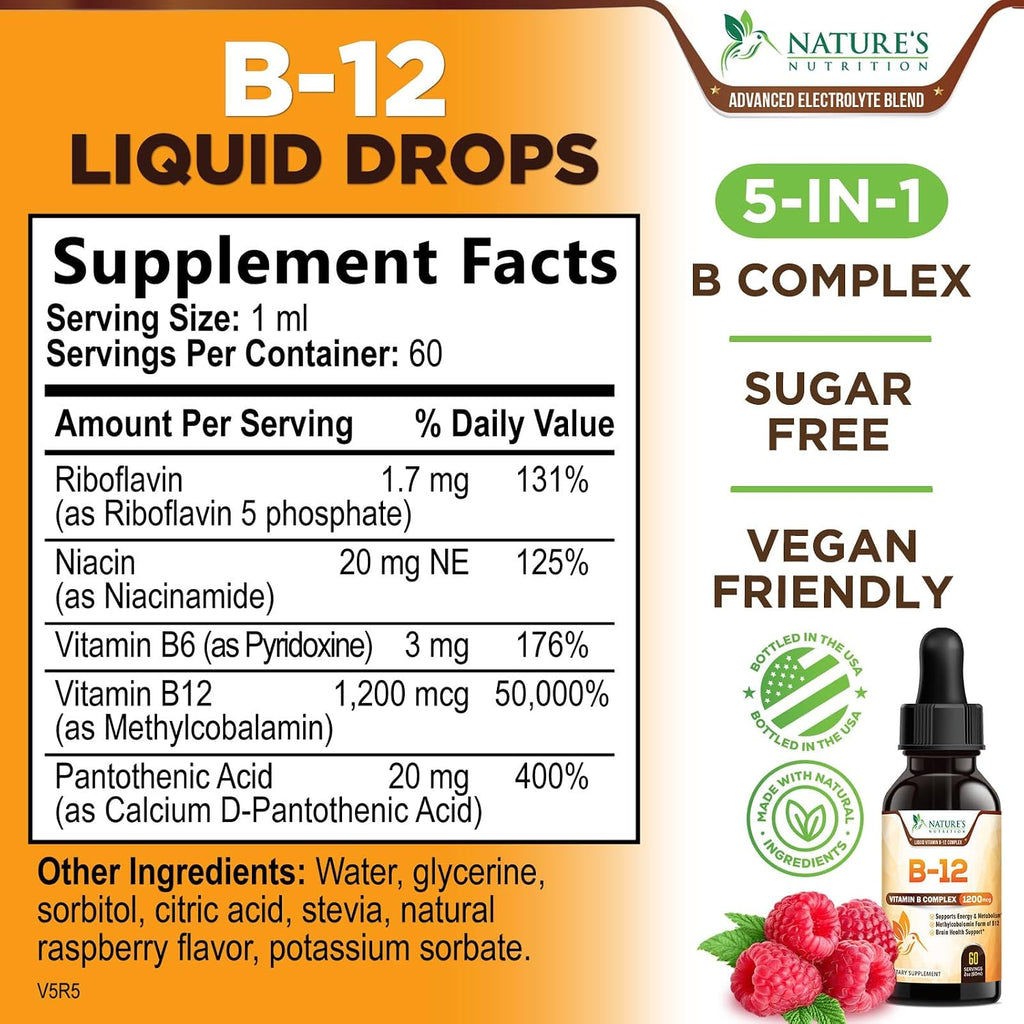Vitamina B12 en Gotas - Metilcobalamina 1200 mcg - Complejo B Super B - Sabor Frambuesa - 60 ml