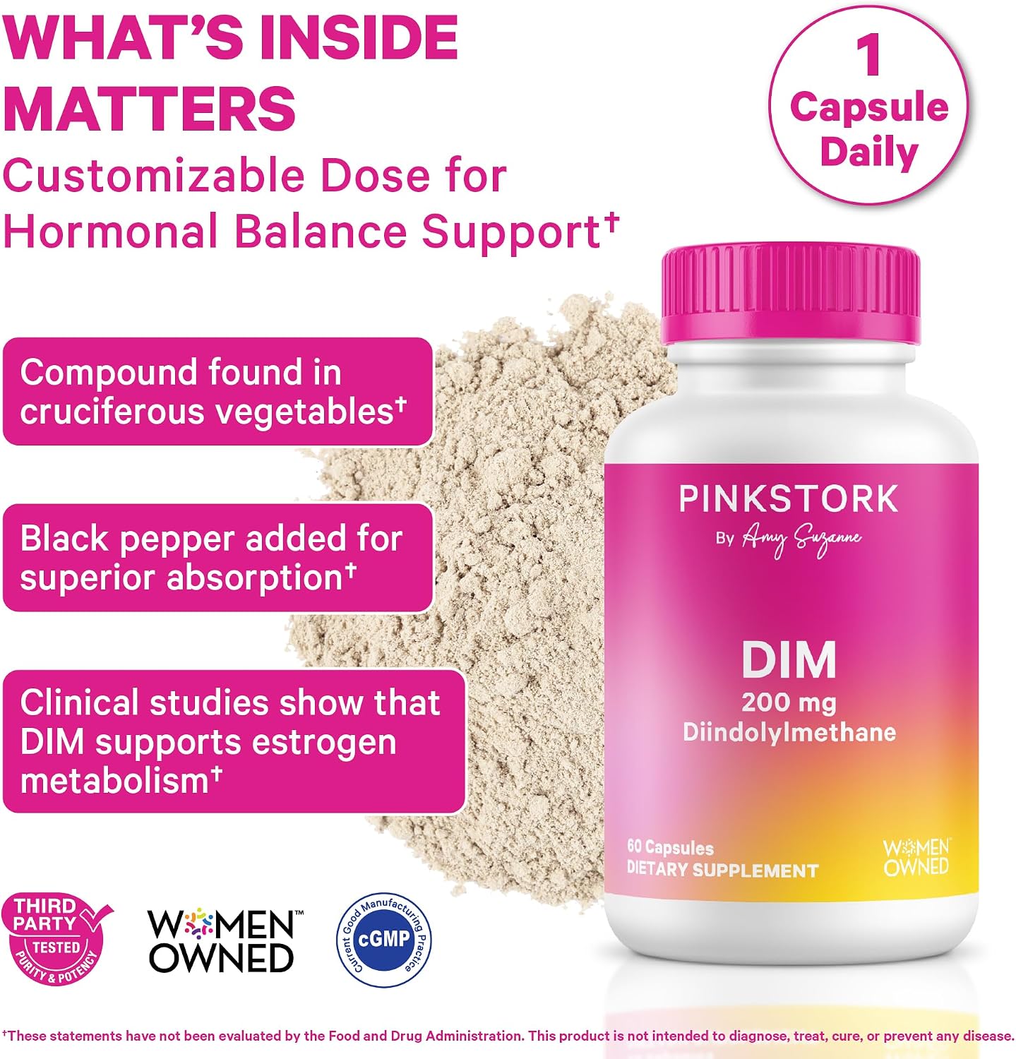 Pink Stork DIM para Mujeres – 60 Cápsulas con 200 mg DIM y Bioperina