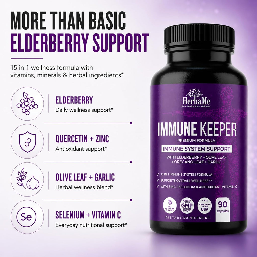 HerbaMe Immune Support – Fórmula de Bienestar Diario 15 en 1 con Saúco, Quercetina, Zinc, Vitamina C y Selenio