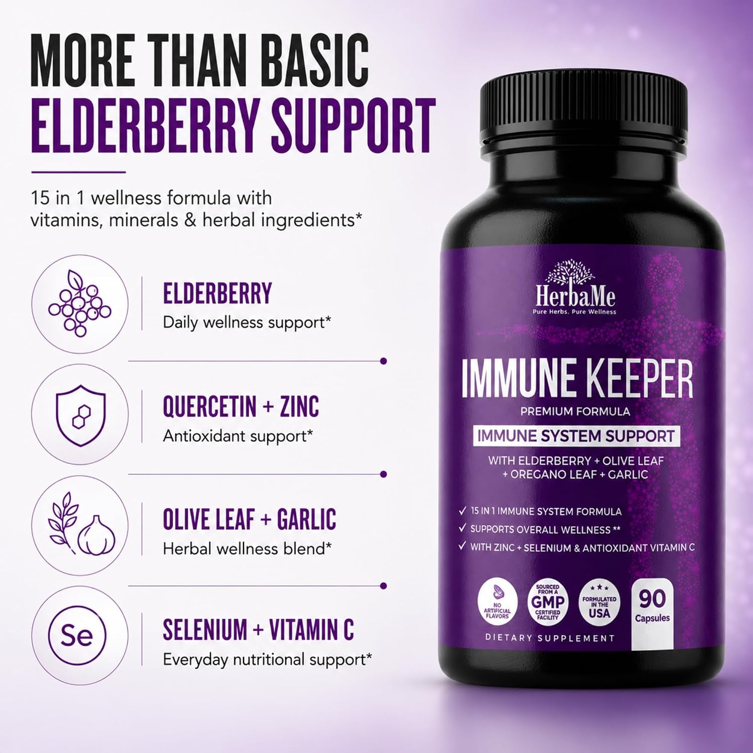 HerbaMe Immune Support – Fórmula de Bienestar Diario 15 en 1 con Saúco, Quercetina, Zinc, Vitamina C y Selenio