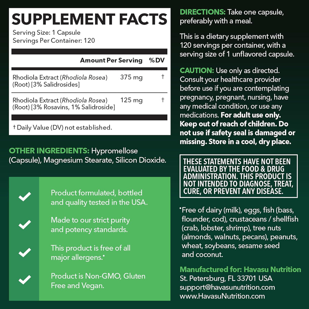 Rhodiola Rosea 120 Cápsulas | Adaptógeno Herbal con 3% Salidrósidos y 3% Rosavinas | Vegano, Sin Gluten | 4 Meses de Suministro