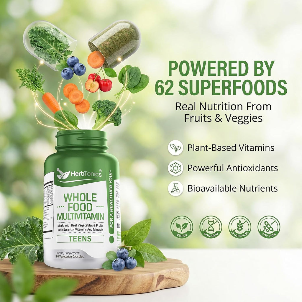 Herbtonics Whole Food Teen Vitamins - Multivitamínico para Adolescentes 12-18 Años - 60 Cápsulas Veganas
