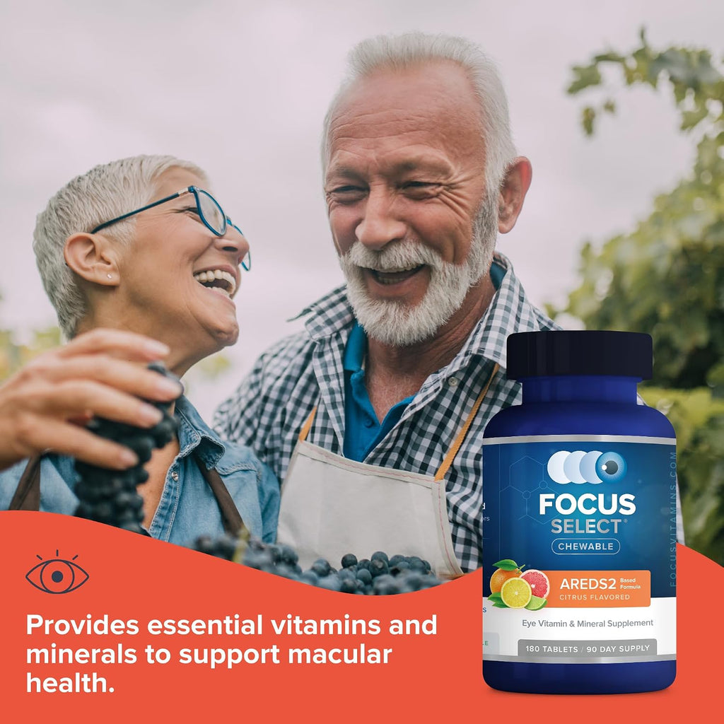 Focus Select AREDS2 Base Suplemento Ocular Masticable - 180 Comprimidos (90 Días) Sabor Cítrico - Bajo en Zinc, Paquete de 2