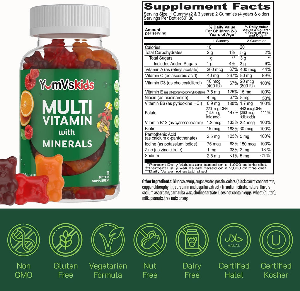 YumVs Kids Multivitamin Gummies - Gomitas Multivitamínicas para Niños con Vitaminas y Minerales - Sabor Fruta - 60 Gomitas
