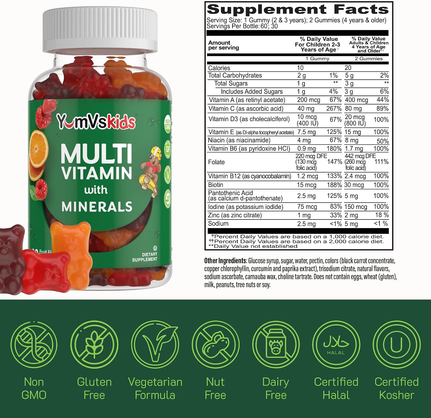 YumVs Kids Multivitamin Gummies - Gomitas Multivitamínicas para Niños con Vitaminas y Minerales - Sabor Fruta - 60 Gomitas