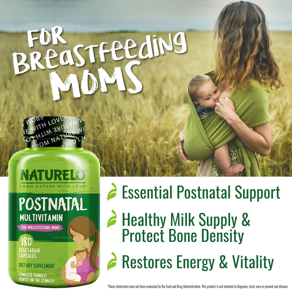 NATURELO Postnatal Multivitamin - Suplemento para Madres Lactantes - Vitaminas Vegetales, Folato, Hierro Suave - 180 Cápsulas