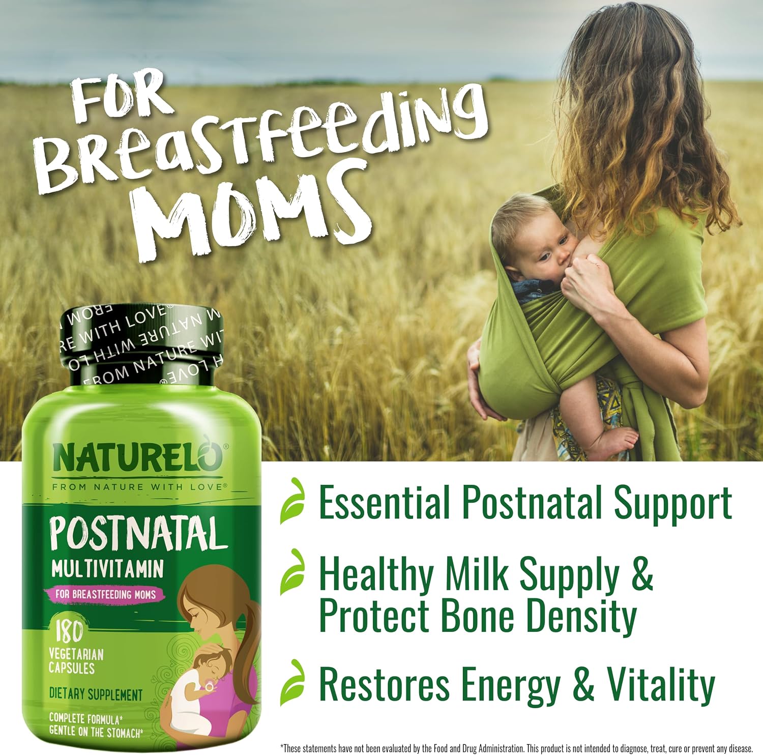 NATURELO Postnatal Multivitamin - Suplemento para Madres Lactantes - Vitaminas Vegetales, Folato, Hierro Suave - 180 Cápsulas