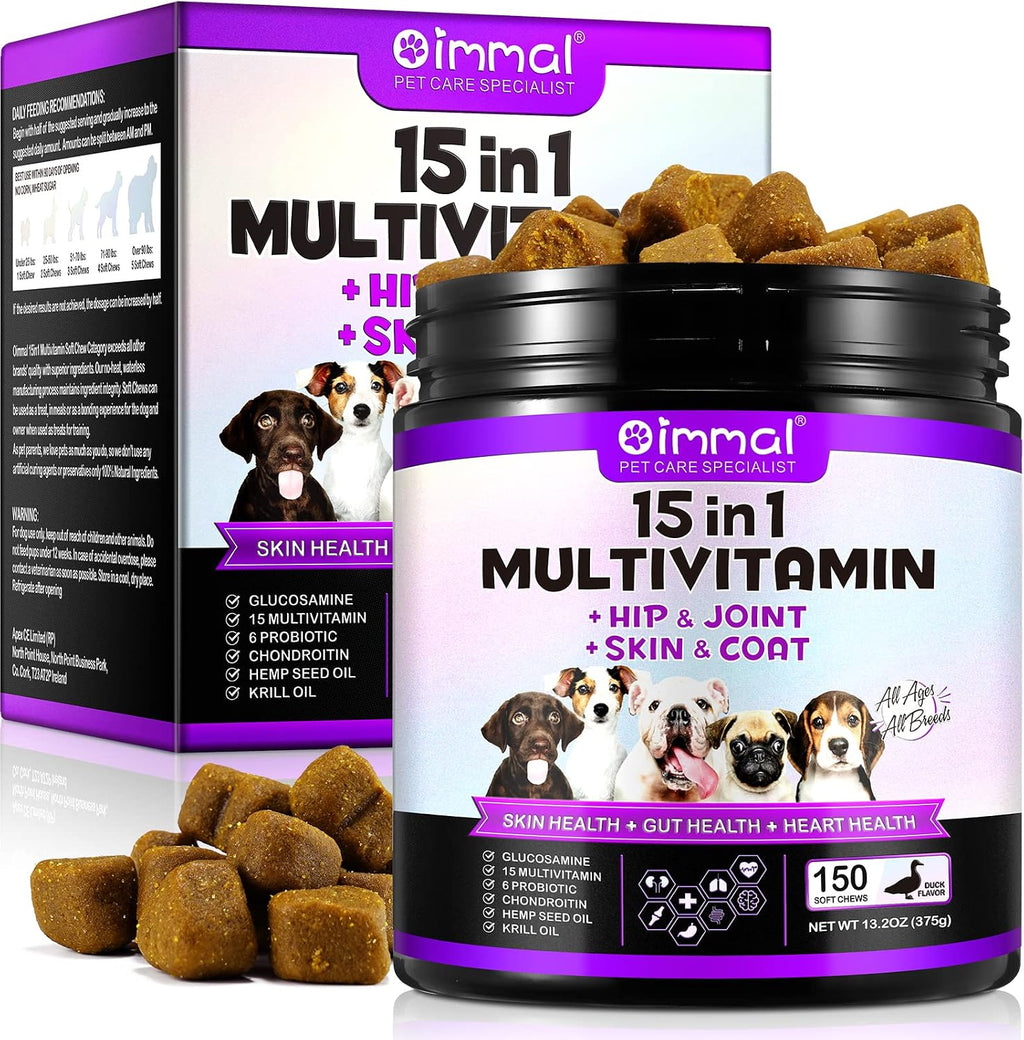 Masticables Multivitamínicos 15 en 1 para Perros con Glucosamina y Probióticos – 150 unidades