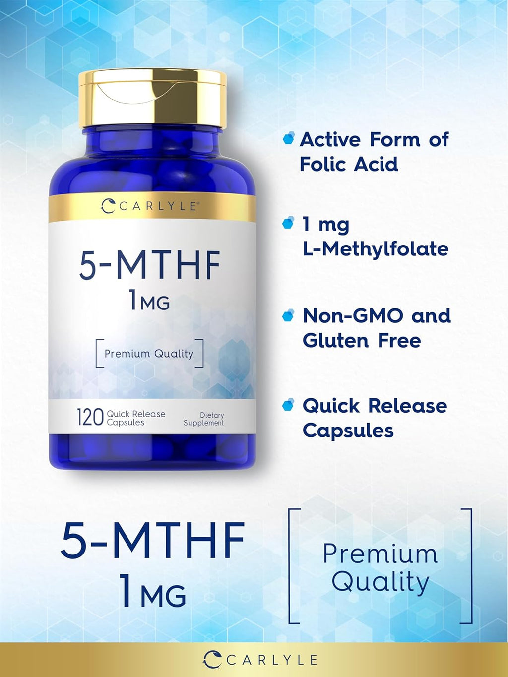 Carlyle 5-MTHF L Metilfolato 1mg | 120 Cápsulas | Complemento No Transgénico y Sin Gluten