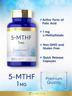 Carlyle 5-MTHF L Metilfolato 1mg | 120 Cápsulas | Complemento No Transgénico y Sin Gluten