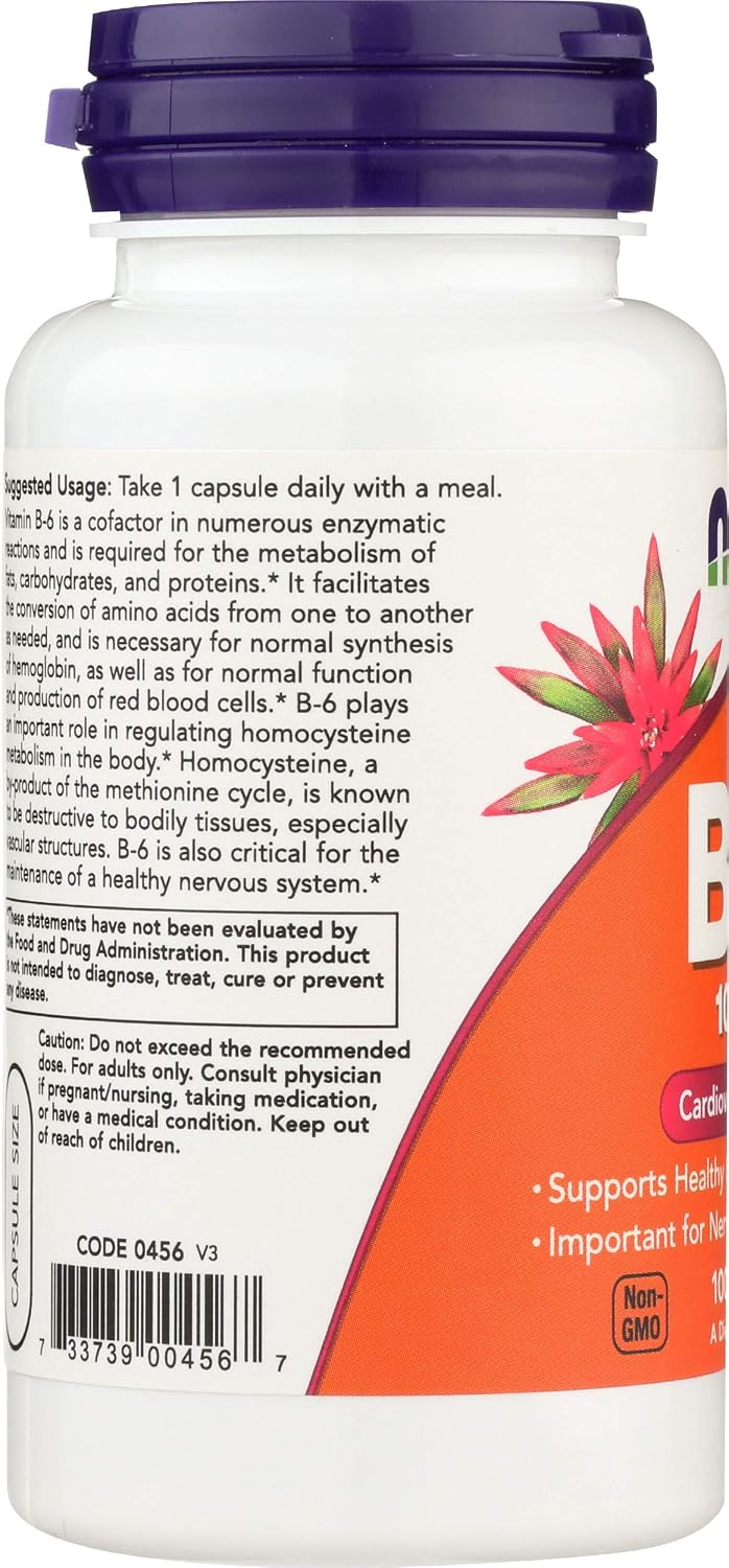 NOW Foods Vitamina B6 100mg Cápsulas, 100 unidades