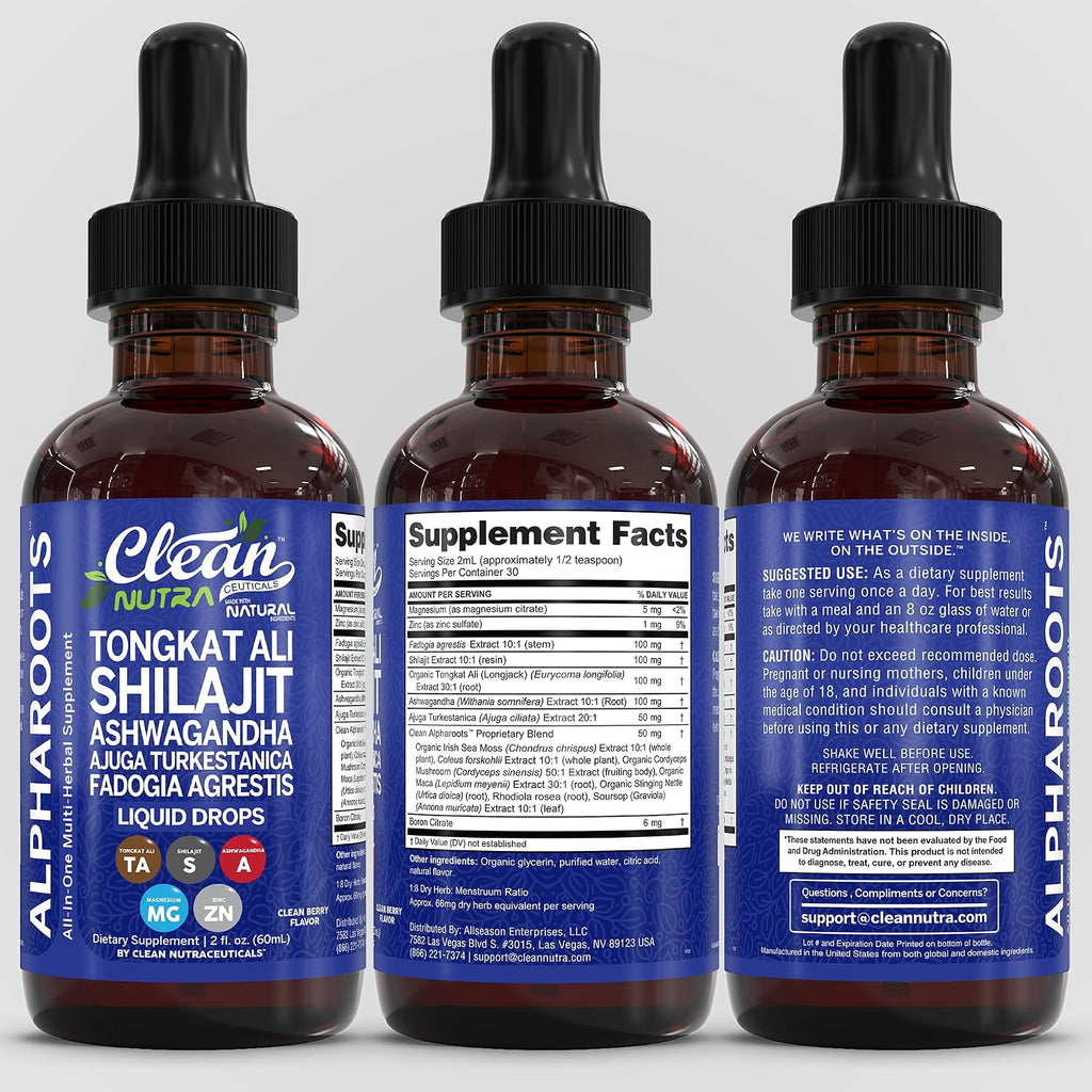 Tongkat Ali Líquido con Shilajit, Ashwagandha, Turkesterona, Fadogia Agrestis, Magnesio, Musgo Marino y Zinc - Clean Nutra