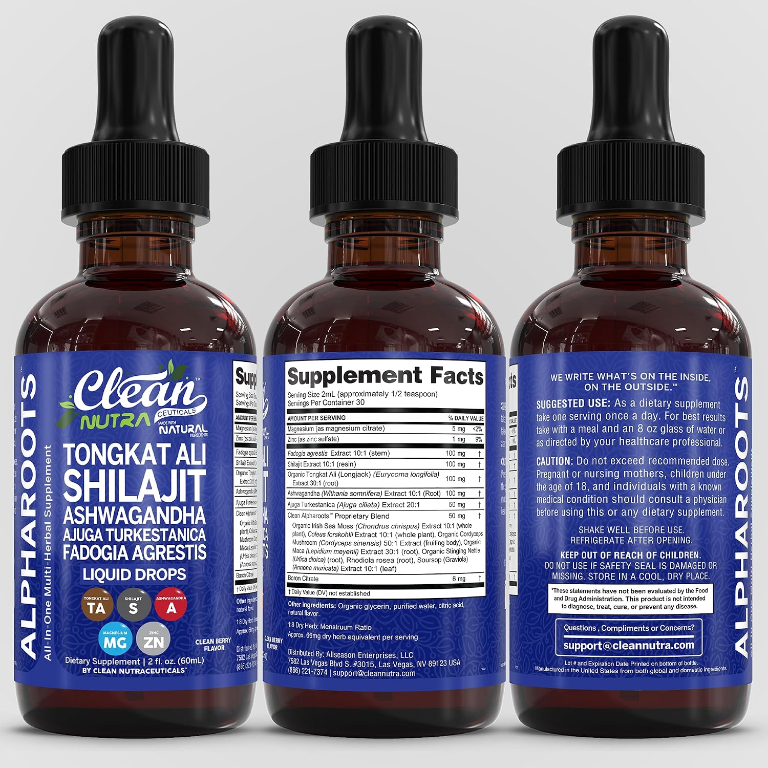 Tongkat Ali Líquido con Shilajit, Ashwagandha, Turkesterona, Fadogia Agrestis, Magnesio, Musgo Marino y Zinc - Clean Nutra