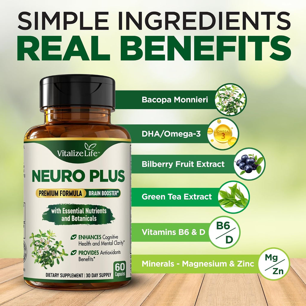 Neuro Plus Brain Supplement - Nootrópico para Memoria, Enfoque y Claridad - 60 Cápsulas