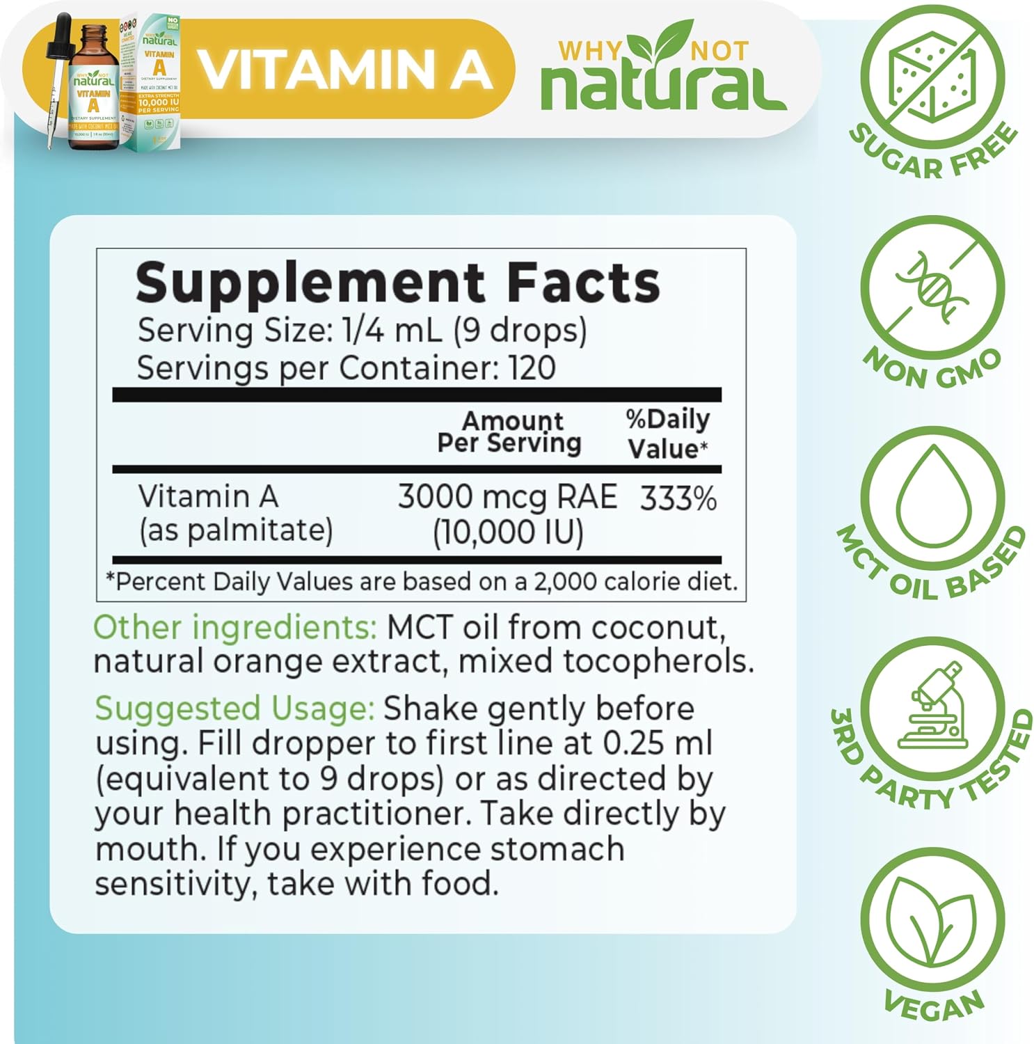 Why Not Natural Vitamina A Líquida 10000 UI - Retinilo Palmitato con Aceite MCT de Coco - Suplemento Vegano para la Piel - 30 ml