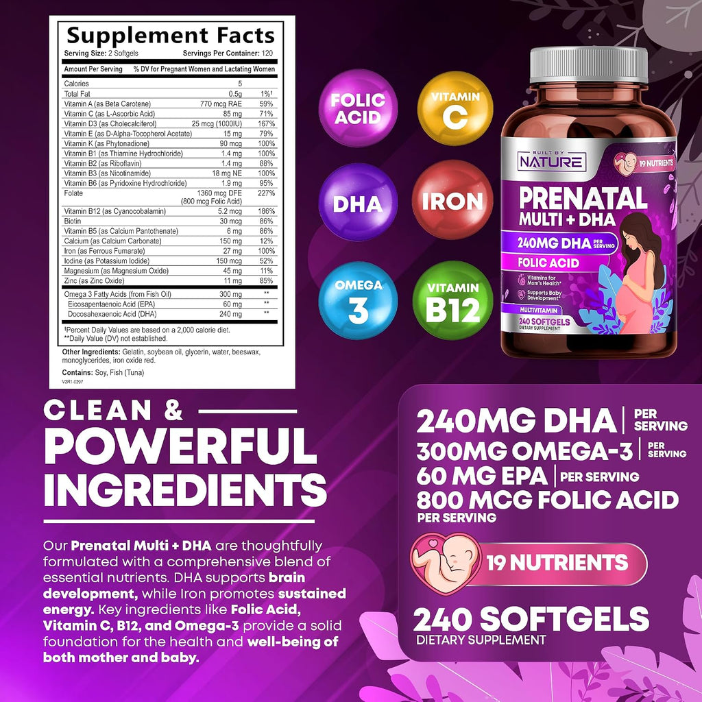 Built by Nature Vitaminas Prenatales para Mujeres, 240 Cápsulas Blandas