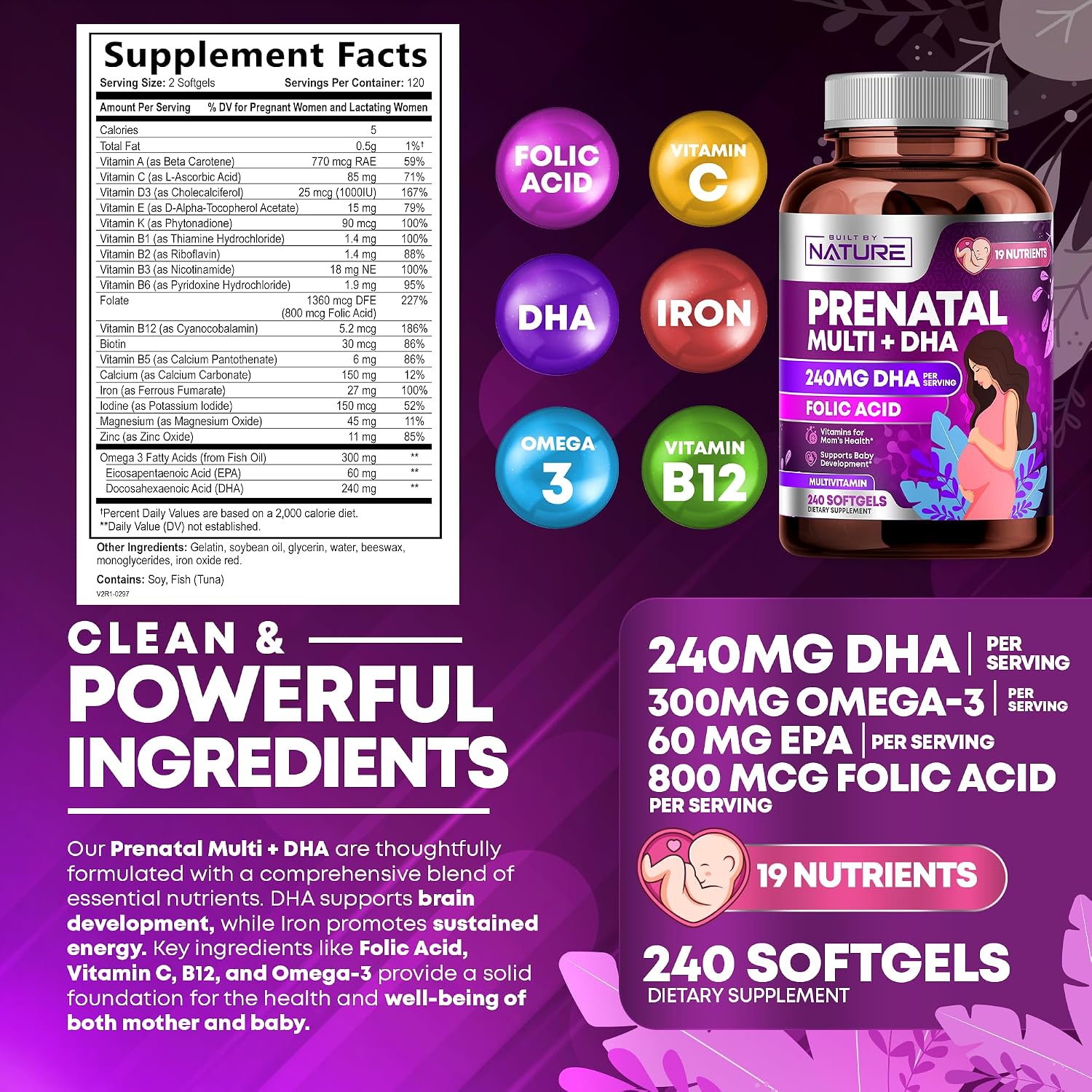 Built by Nature Vitaminas Prenatales para Mujeres, 240 Cápsulas Blandas