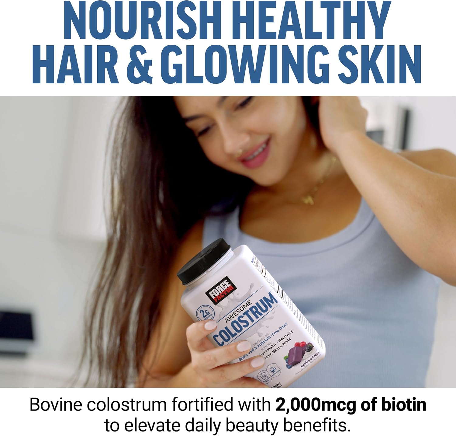 Force Factor Awesome Colostrum - Complemento de Colostro Bovino con Biotina, 60 Gomitas Sabor Bayas y Crema