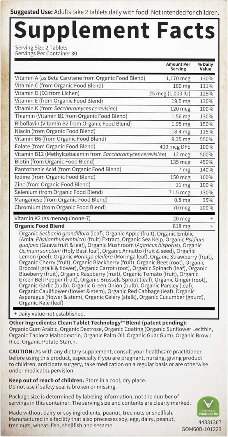 Garden of Life Organics Multivitamínico para Hombres con Apoyo a la Próstata, B12 y Vitaminas – Multivitamínico Diario Vegano, No-GMO, Orgánico Certificado, 60 Comprimidos