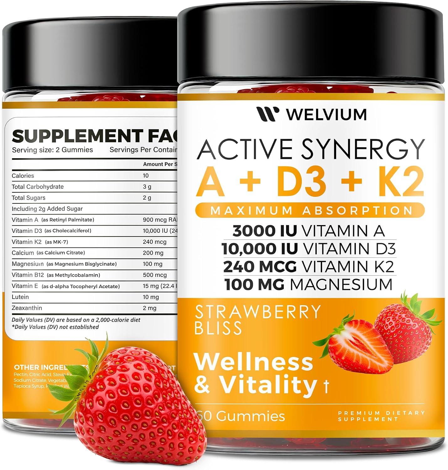 Gominolas de Vitamina D3 K2 10000 UI con Magnesio, Calcio, B12, Luteína, Zeaxantina - Complemento ADK Masticable