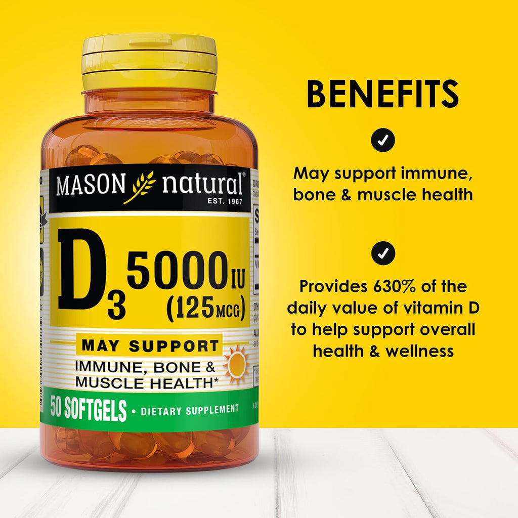 Mason Natural Vitamina D3 5000 UI (125 mcg) – Pack de 3 con 50 Softgels cada uno
