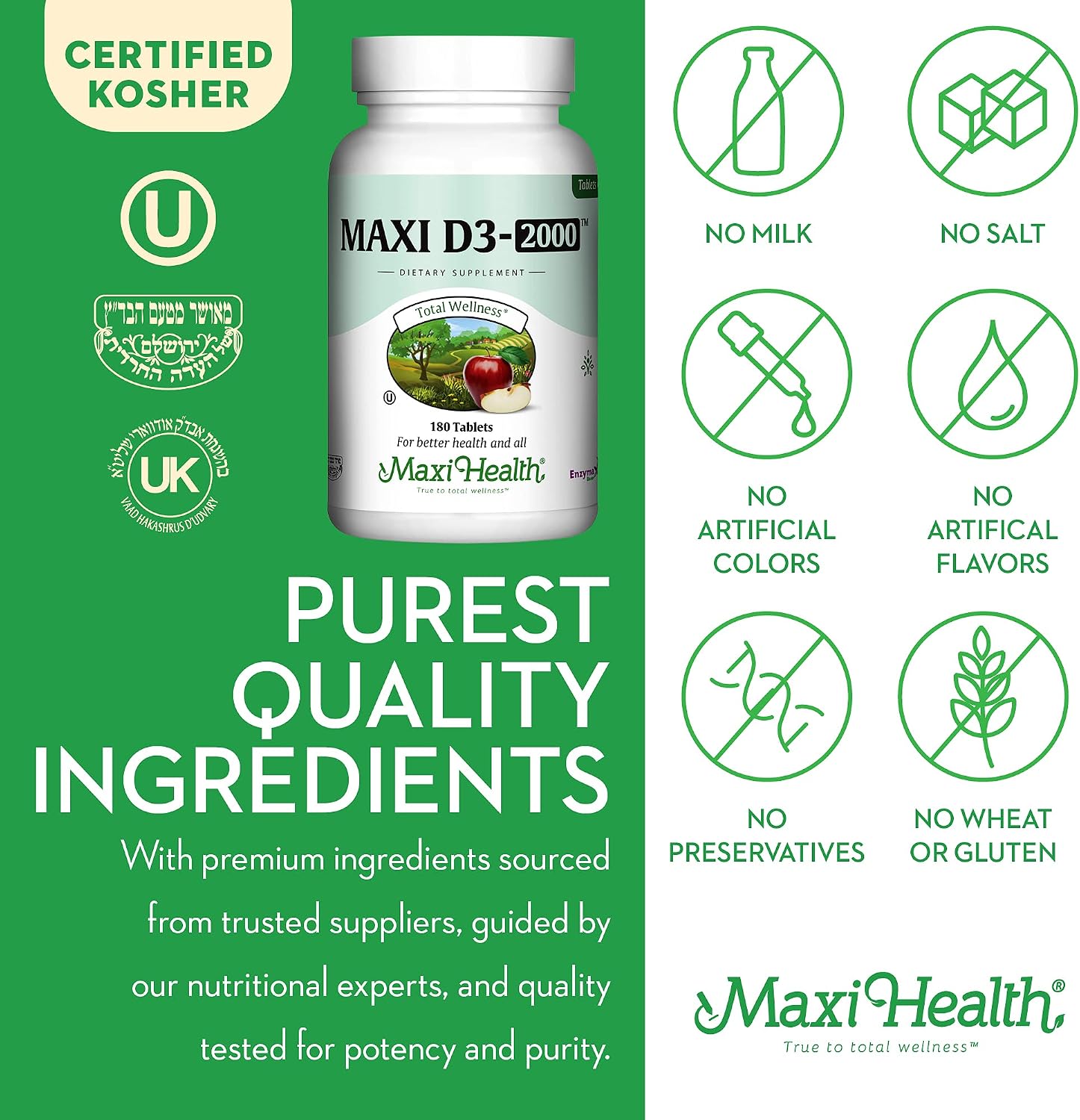 Maxi Health Vitamina D3 2000 UI - 180 Comprimidos Kosher