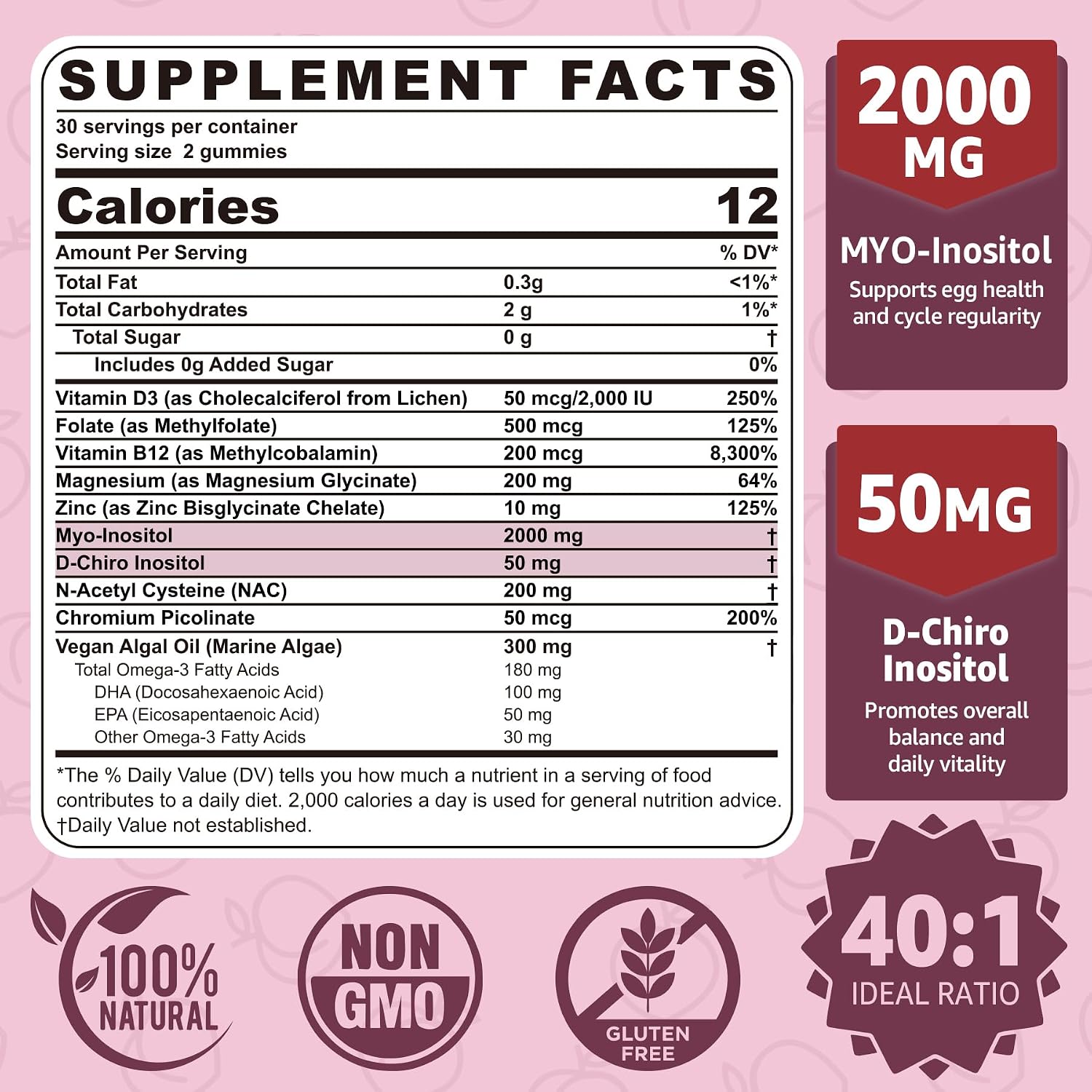 Myo-Inositol & D-Chiro Inositol Gummies Sin Azúcar, Ratio 40:1 con Omega-3 Vegano, Vitamina D3, Magnesio, Folato Metilado, B12 - Complemento Multivitamínico para el Bienestar Femenino
