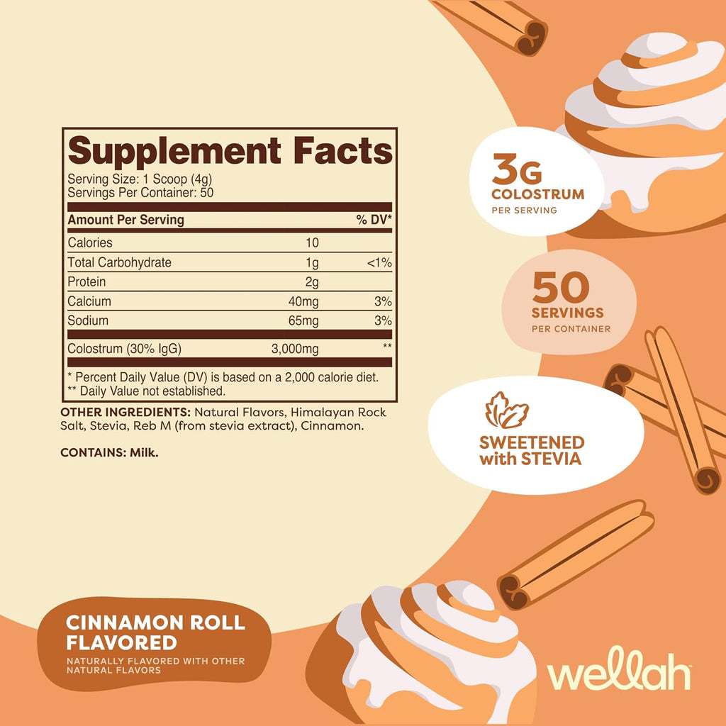 Wellah Calostro Sabor Rollo de Canela (50 porciones) - Endulzado con Stevia, 3g de Calostro por Porción