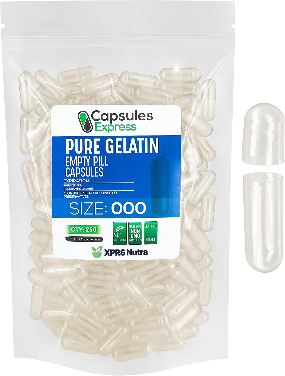 XPRS Nutra Empty Capsules Size 000 - 250 Count - Large Clear Gelatin Capsules for Filling Homemade Supplements