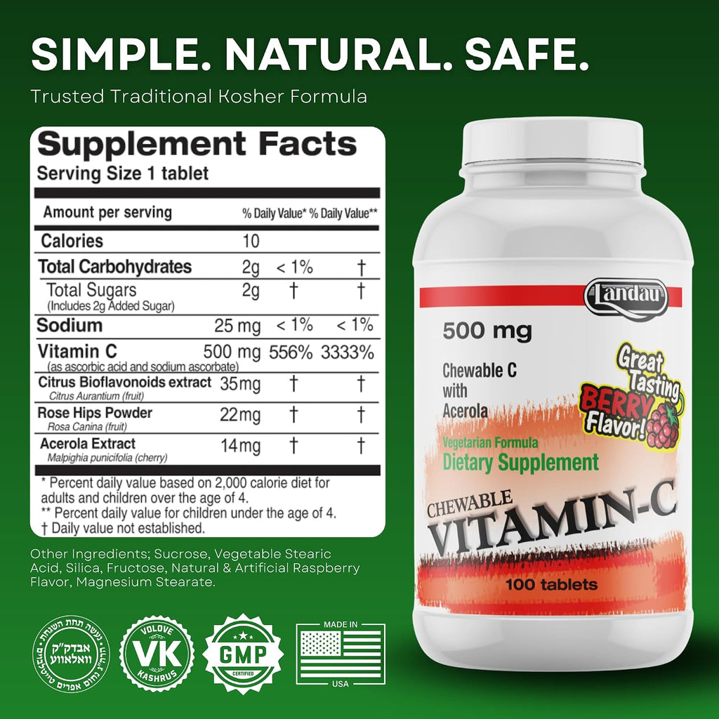 Landau Vitamina C Masticable 500 mg con Acerola, 100 tabletas