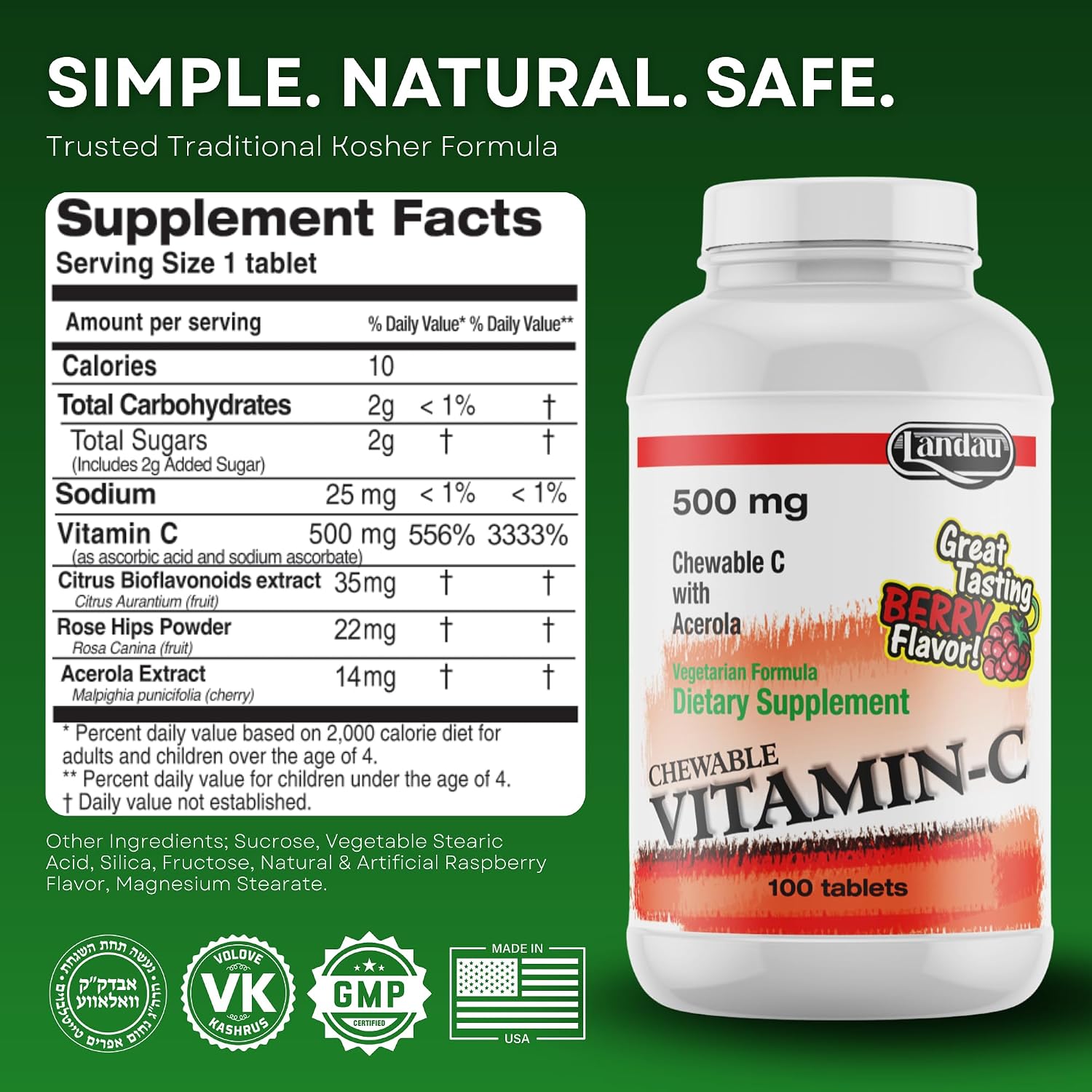 Landau Vitamina C Masticable 500 mg con Acerola, 100 tabletas