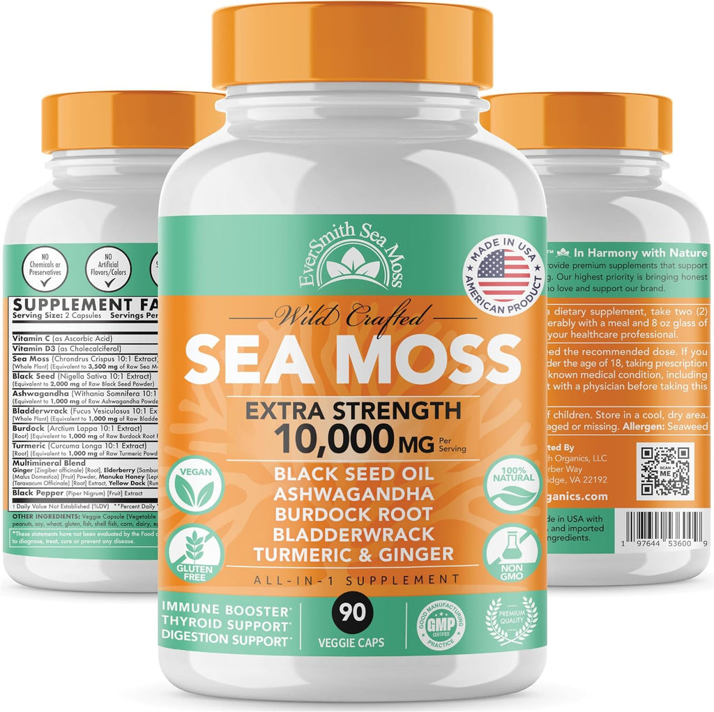 EverSmith Organics Irish Sea Moss 3,500mg, Black Seed Oil 2,000mg, Bladderwrack 1,000mg, Burdock Root - 90 Cápsulas