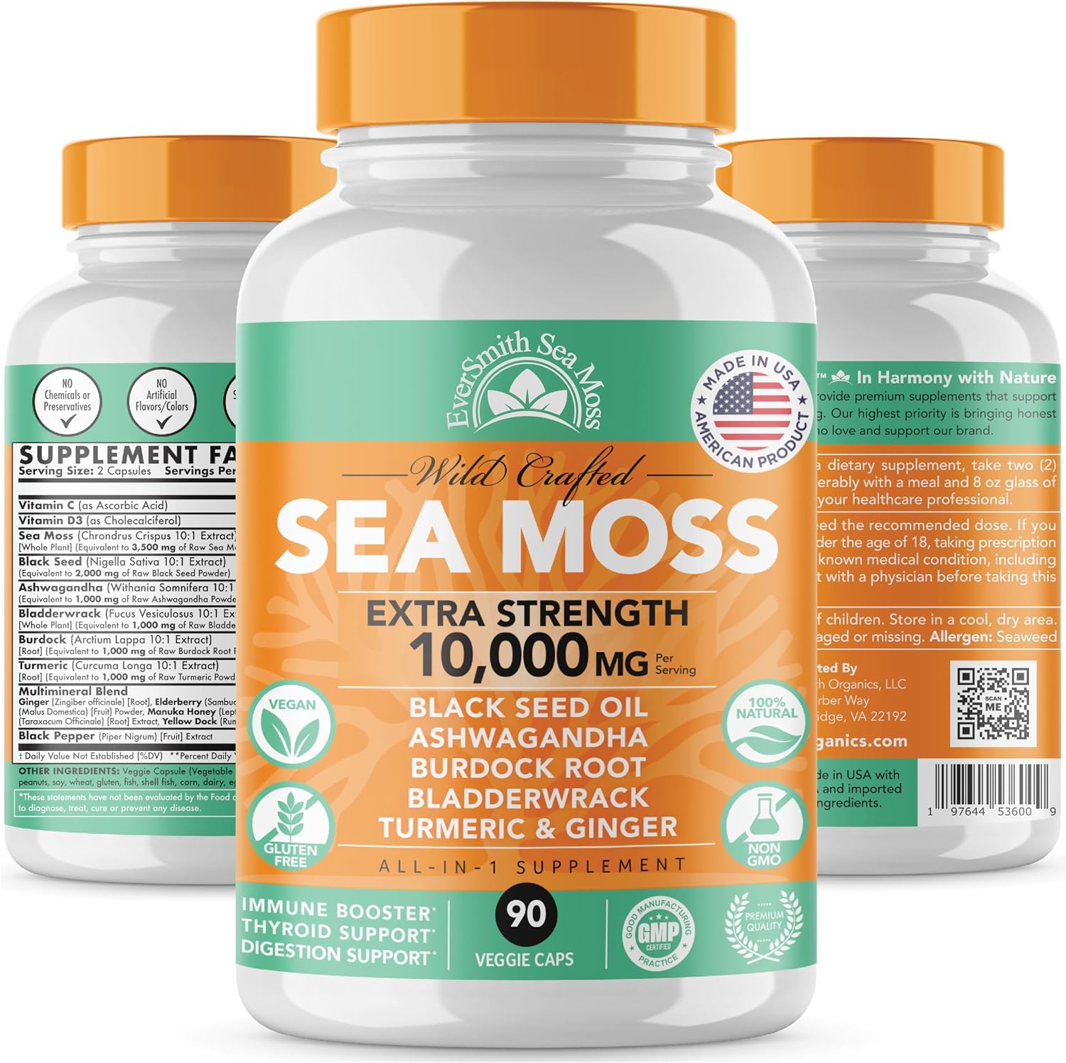 EverSmith Organics Irish Sea Moss 3,500mg, Black Seed Oil 2,000mg, Bladderwrack 1,000mg, Burdock Root - 90 Cápsulas