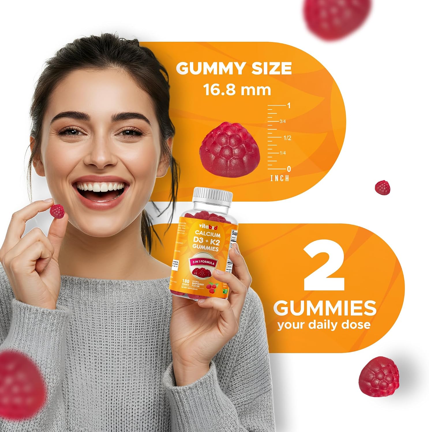 Vitabod Vitamin D3 + K2 Gummies – Gominolas Veganas de Frambuesa – 180 uds