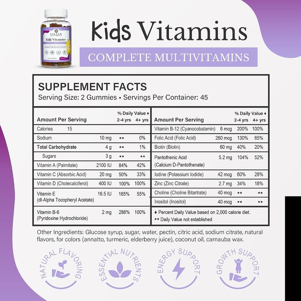 Salaam Nutritionals - Multivitaminas para Niños, Gominolas con 13 Vitaminas y Minerales Esenciales, 90 unidades