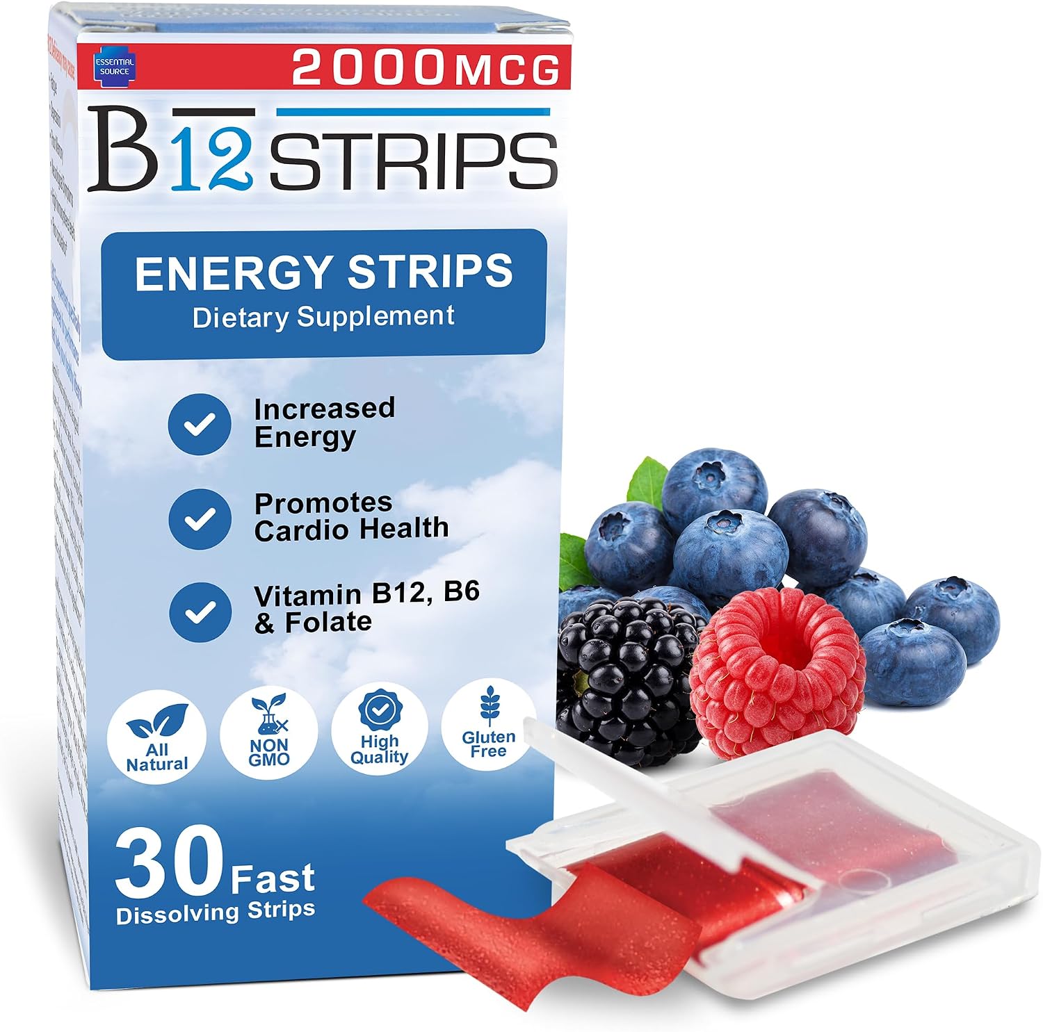 Essential Source Vitamina B12 2000 mcg Tiras Sublinguales con Metilcobalamina, Biotina, B6 y 5-MTHF