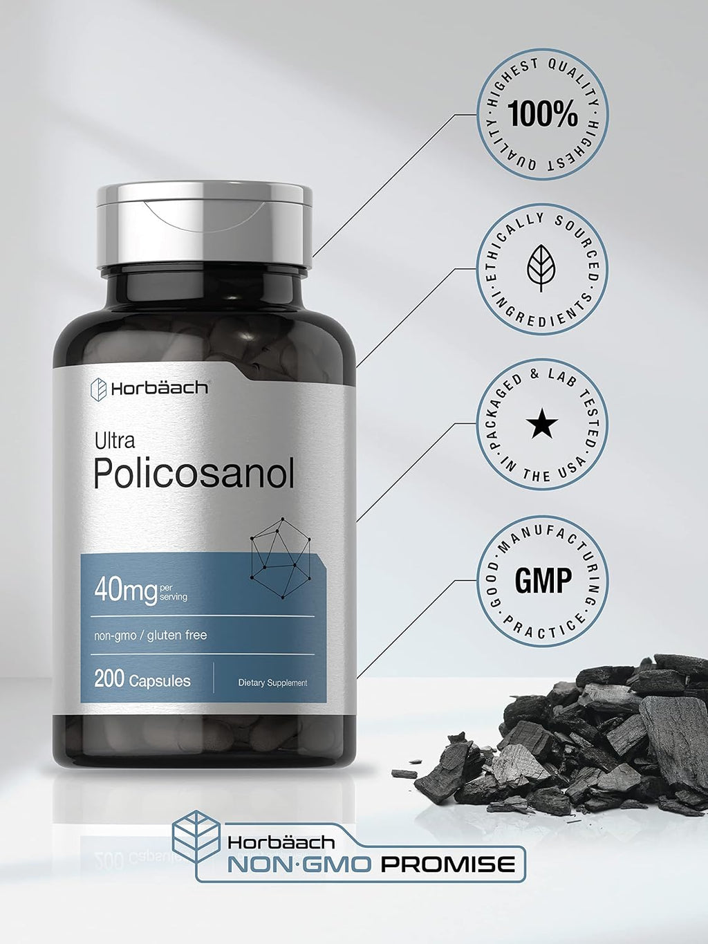Horbäach Policosanol 40 mg (200 Cápsulas) - Complemento Alimenticio no Transgénico y sin Gluten