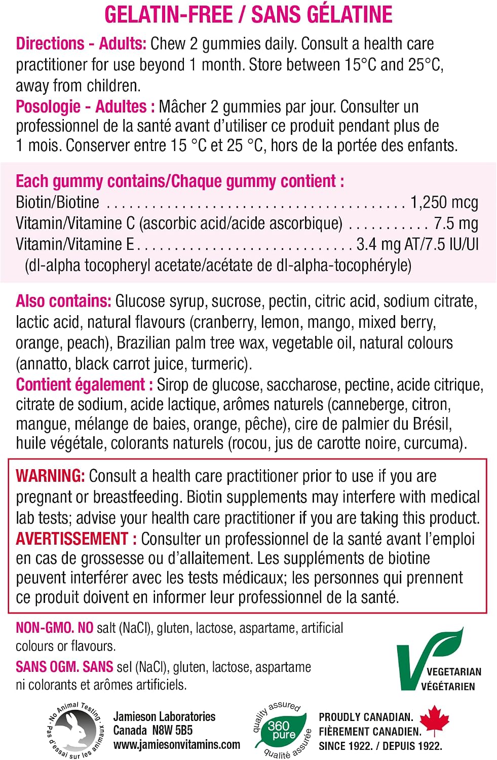 Gomitas de biotina de alta potencia Jamieson, 100 unidades