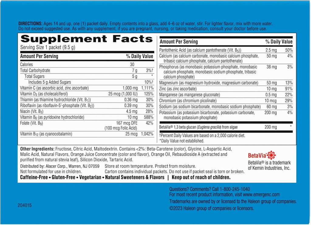 Emergen-C Immune+ Triple Action - Polvo para Soporte Inmunitario con BetaVia, Vitamina C, Vitaminas B, Vitamina D y Antioxidantes, Sabor Naranja - 50 Sobres
