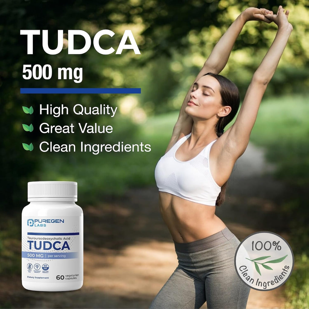 Puregen Labs TUDCA (Ácido Tauroursodesoxicólico) 500mg por dosis - Sales biliares para el hígado - Sin aditivos nocivos - No transgénico - Sin gluten - 60 cápsulas vegetarianas
