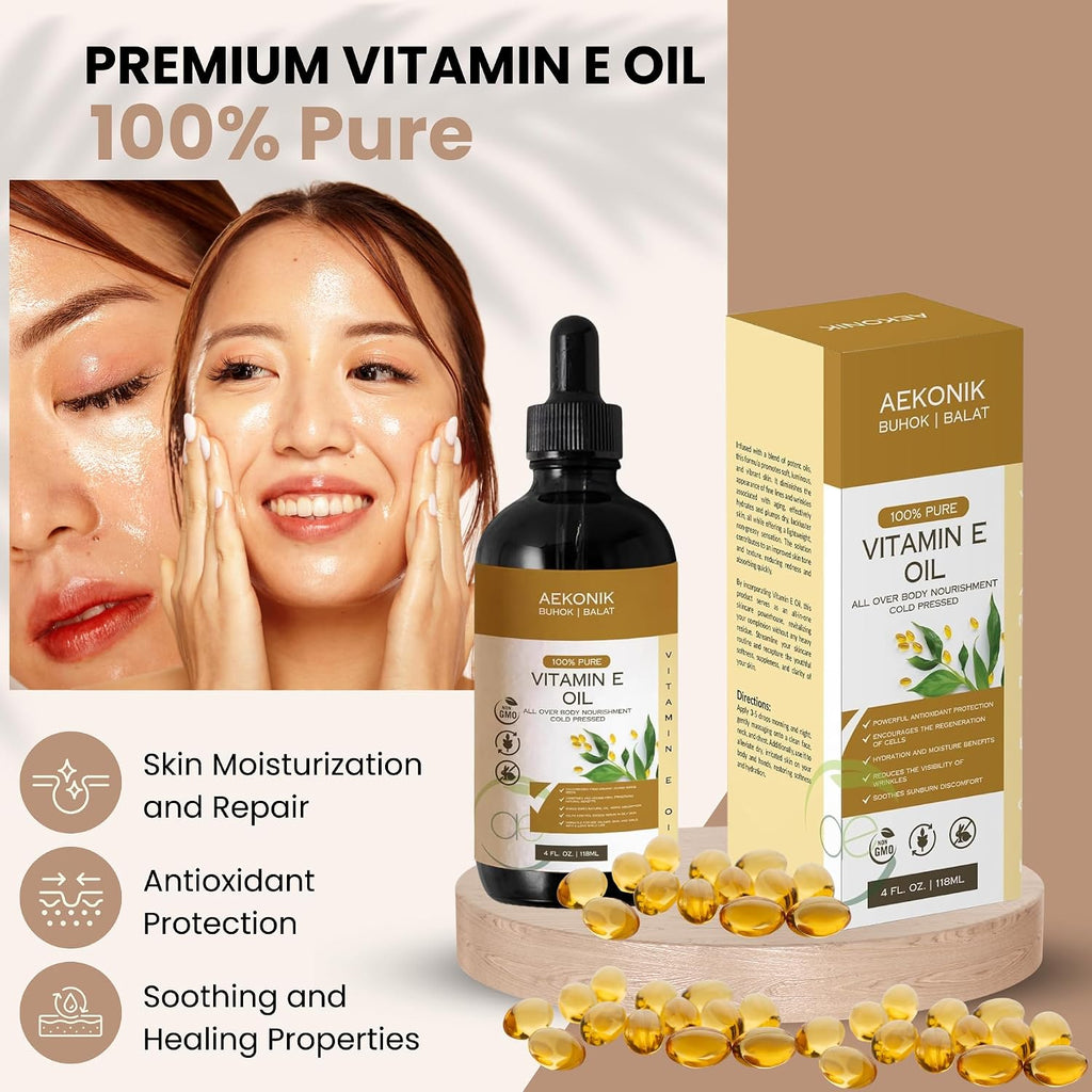 Aceite de Vitamina E Orgánico AEKONIK - Puro para Cuidado Corporal y Facial - 118 ml