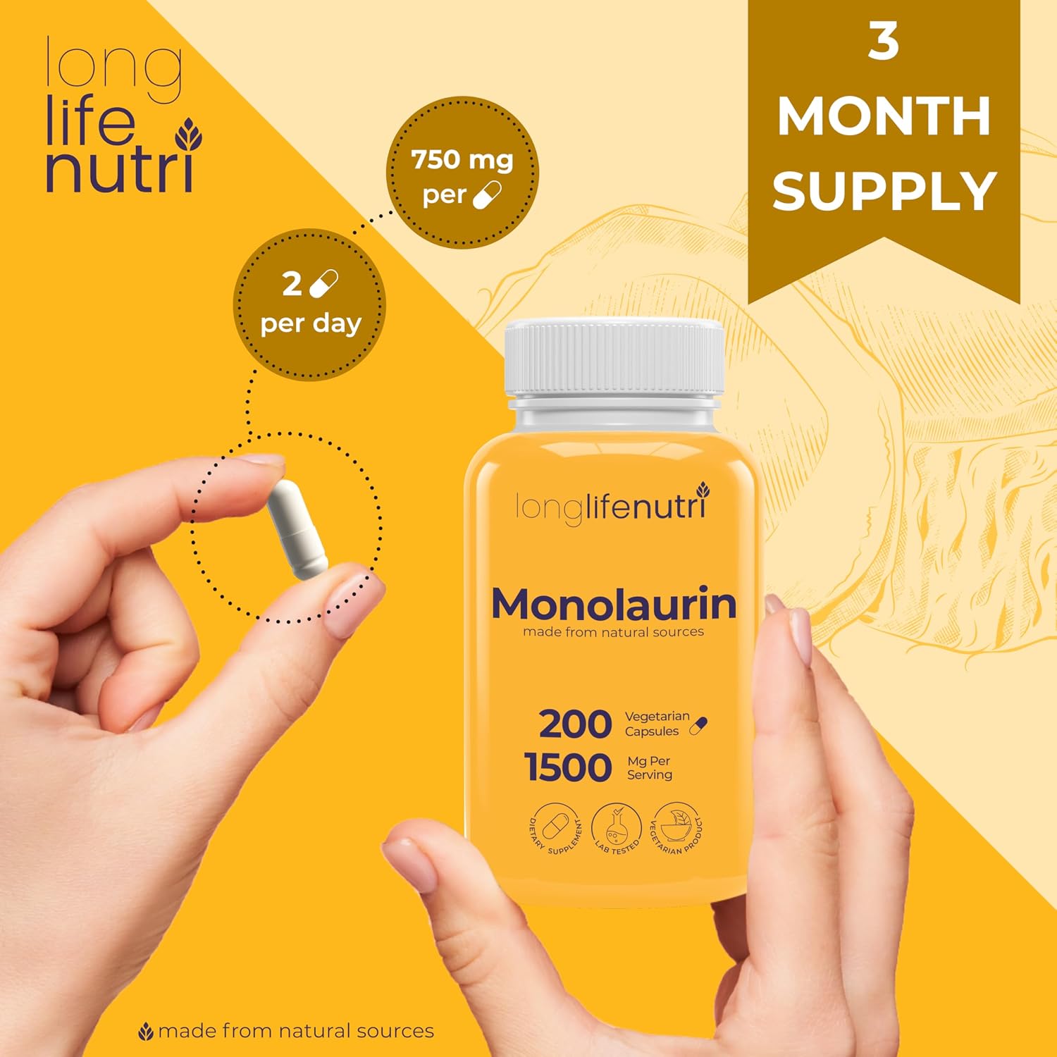 LongLifeNutri Monolaurin 1500mg - 200 Cápsulas Vegetarianas - Complemento de Glicerol de Coco Ecológico