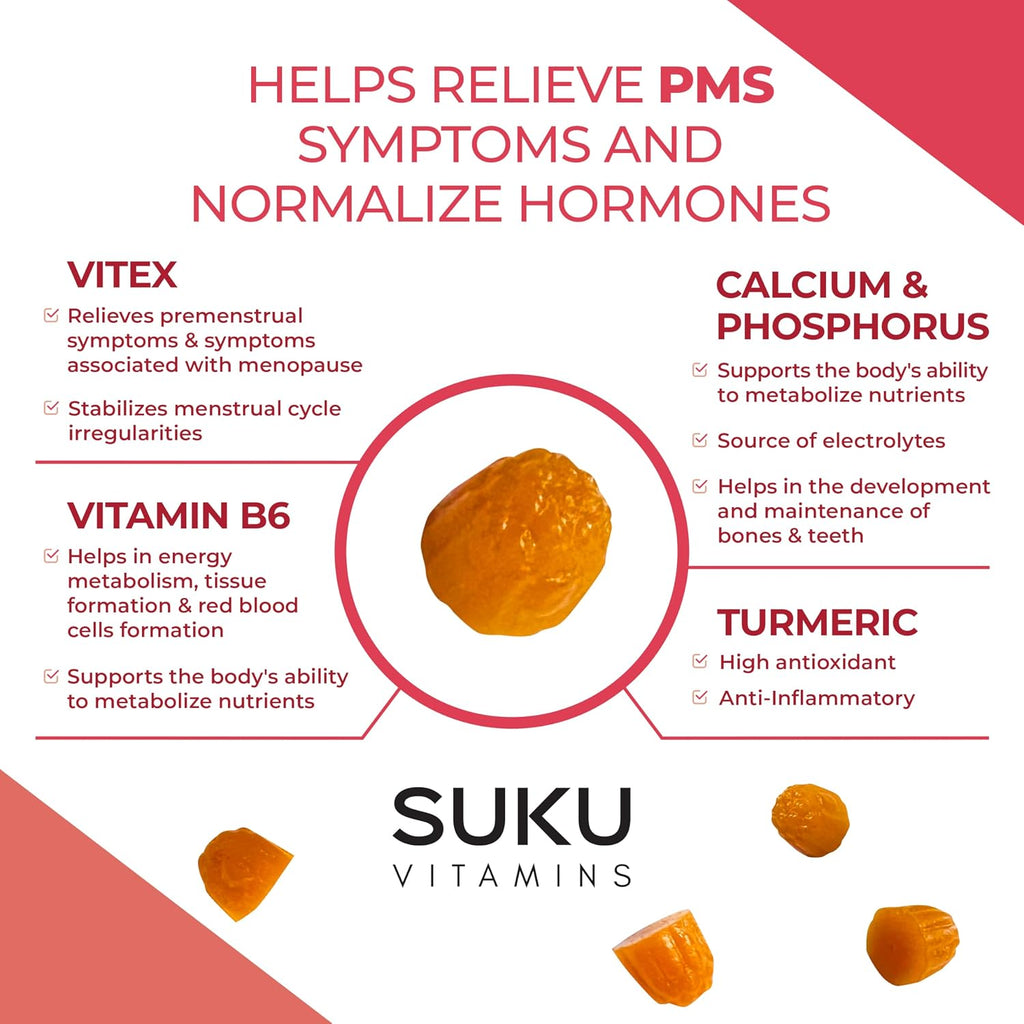 SUKU Vitamins - Gomitas para el síndrome premenstrual con Vitex (Sauco casto) - Sabor melocotón y mango - 50 gomitas