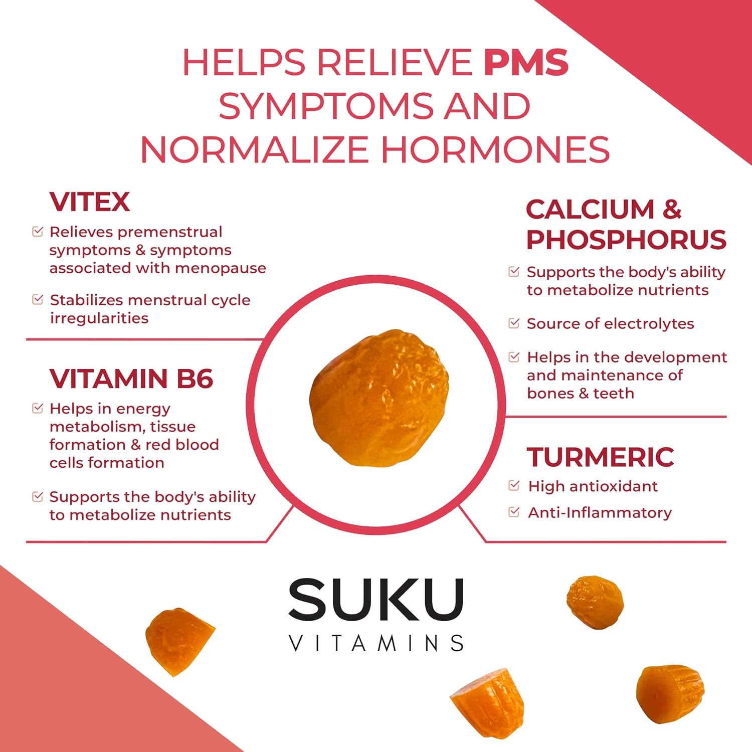 SUKU Vitamins - Gomitas PMS con Vitex (Saúz) para Alivio Premenstrual y Menopausia, Sabor Melocotón Mango, 50 unidades