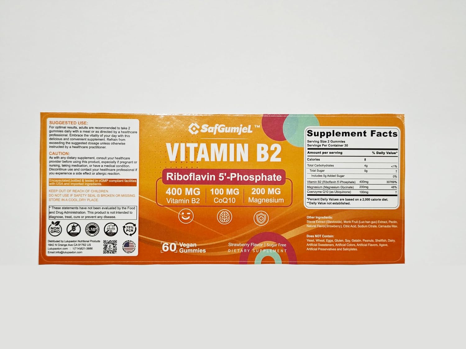 Gominolas de Vitamina B2 400mg – Riboflavina Activa con Magnesio y CoQ10 – Sin Azúcar, Vegano, 60 unidades