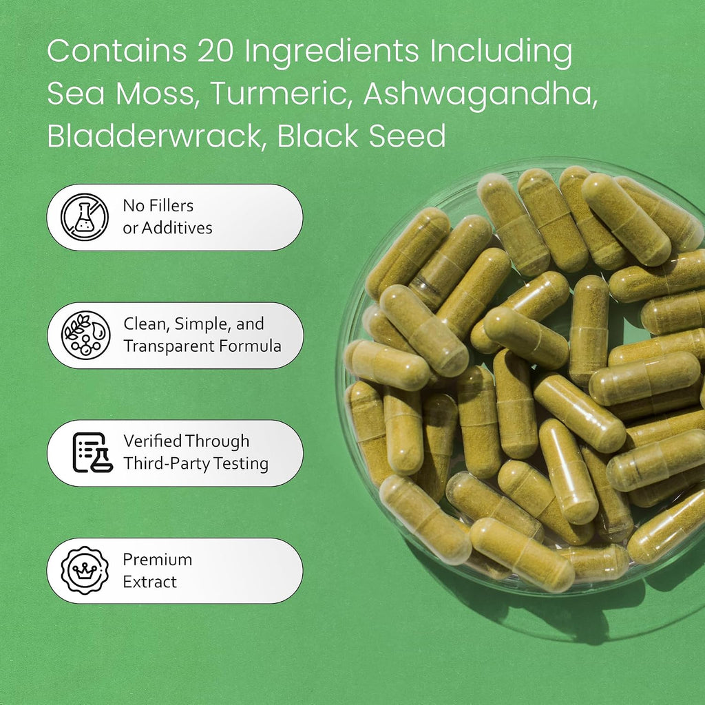 Sea Moss, Aceite de Semilla Negra, Bladderwrack, Cúrcuma, Ashwagandha, Bardana, Vitamina C, D3, Raíz de Yellow Dock, Manuka, Diente de León - 90 Cápsulas Veganas