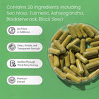 Sea Moss, Aceite de Semilla Negra, Bladderwrack, Cúrcuma, Ashwagandha, Bardana, Vitamina C, D3, Raíz de Yellow Dock, Manuka, Diente de León - 90 Cápsulas Veganas